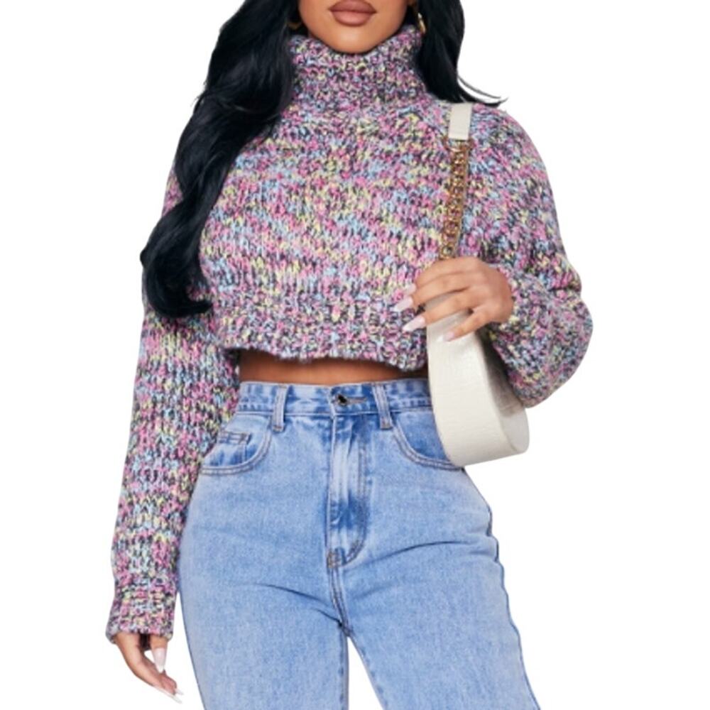 PrettyLittleThing Petite Pink Cropped Mixed High Neck Jumper, Size 4P